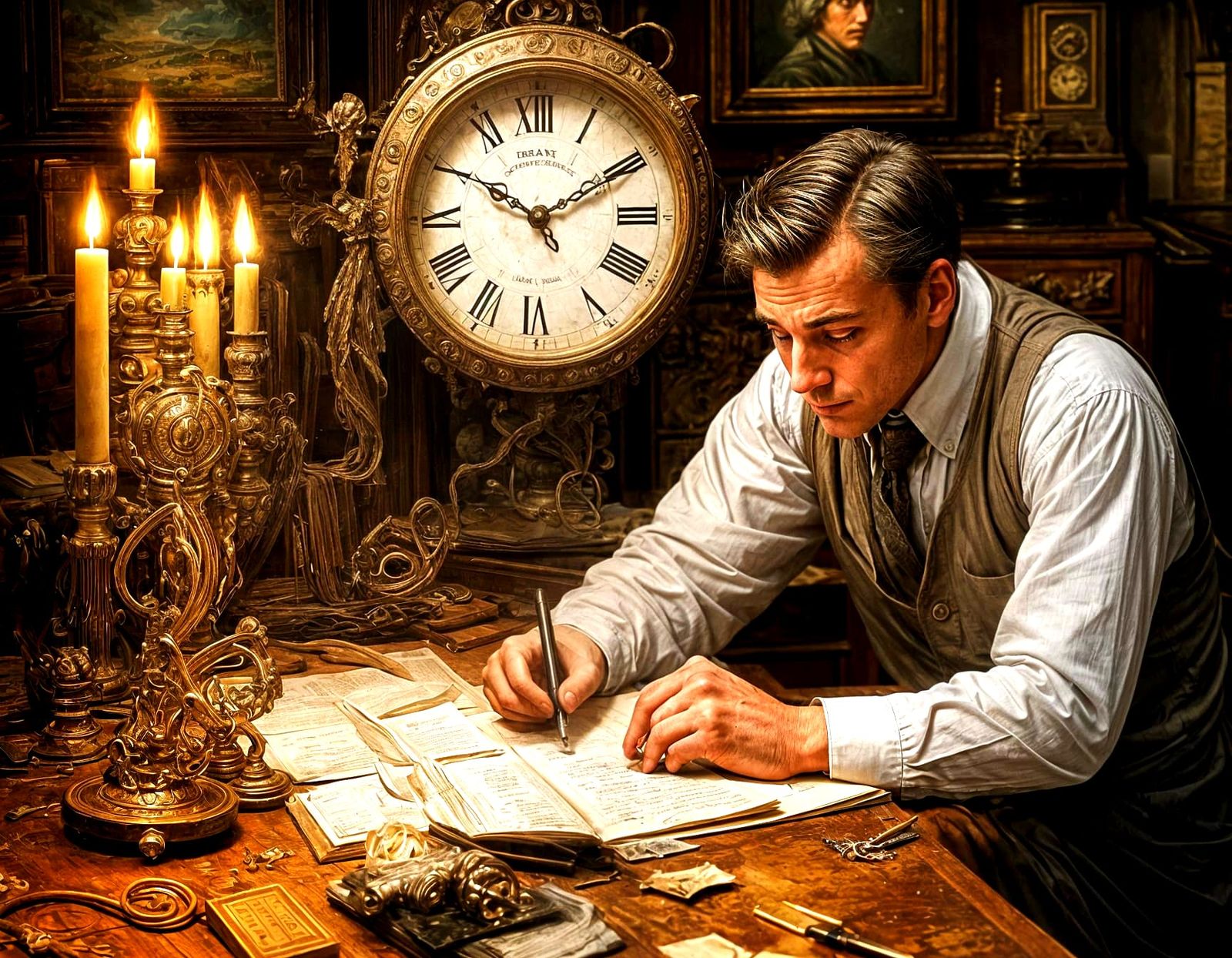 Man with Clock Face Writes of Time and Memory