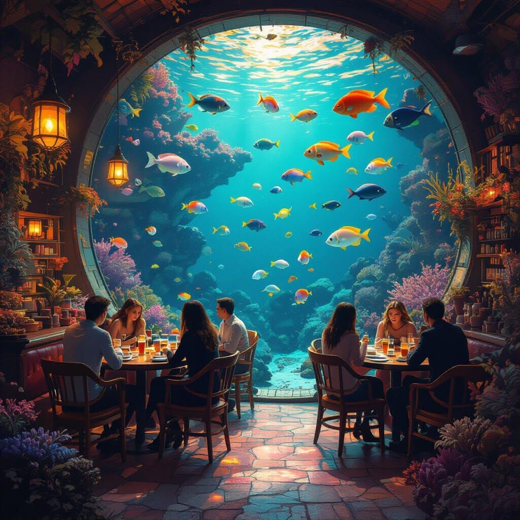 Underwater Cafe With Fish Patrons Digital Matte Painting
