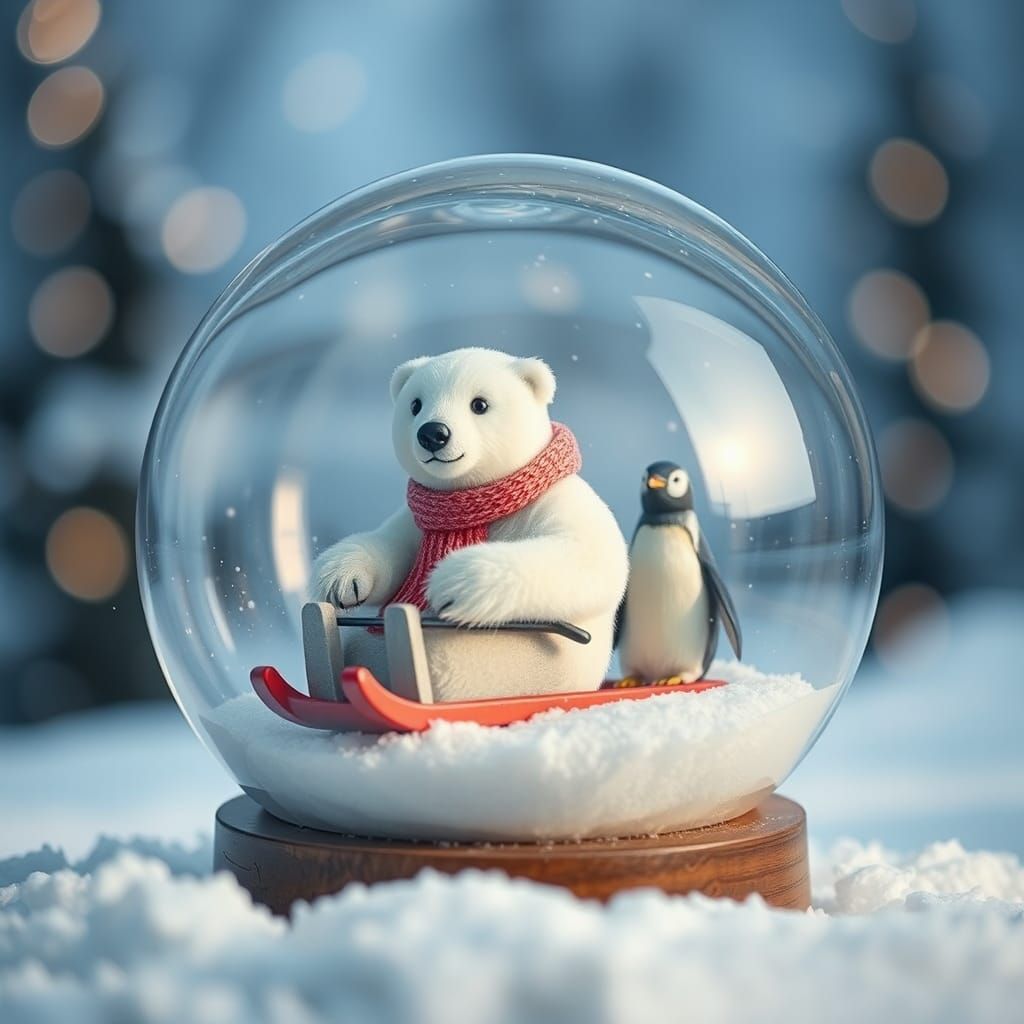 Polar Bear and Penguin Sledding in Snow Globe