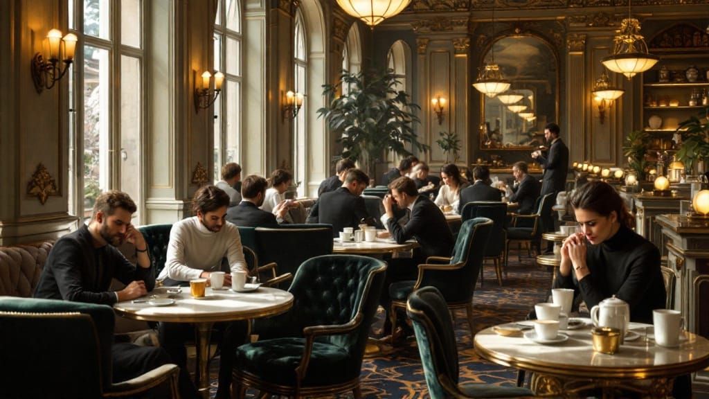 Elegant Cafe Patrons in Opulent Grandeur