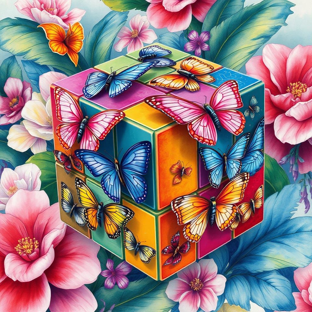Butterfly Cube: A Surrealist 3D Illustration