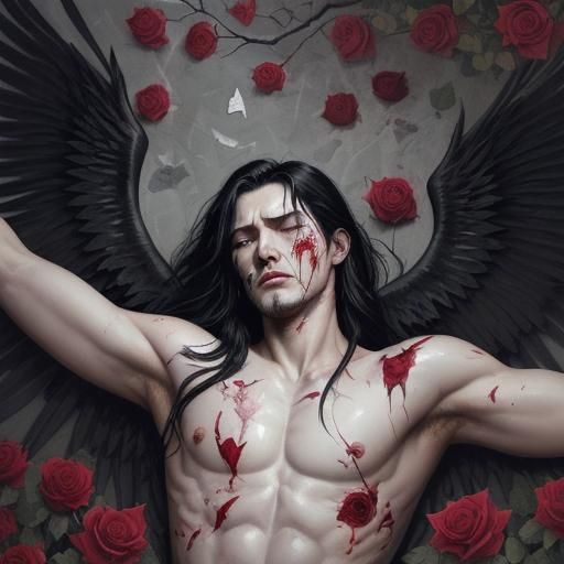 Winged Man in Rose Bush: Gouache Painting