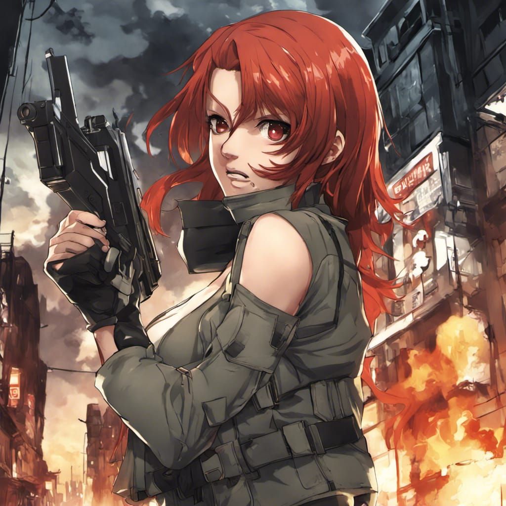 Red-Haired Girl with Handgun in Anime Style