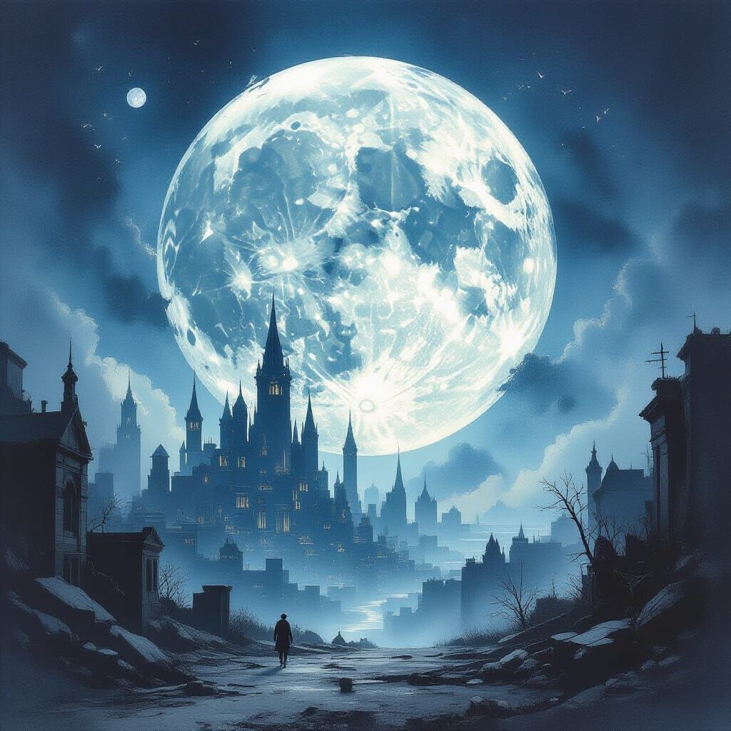 Fractured Moon Over Post-Apocalyptic Cityscape Watercolor