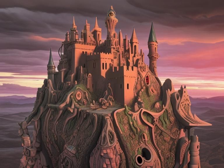 Yarn Landscape with Steampunk Engine in Surreal Style