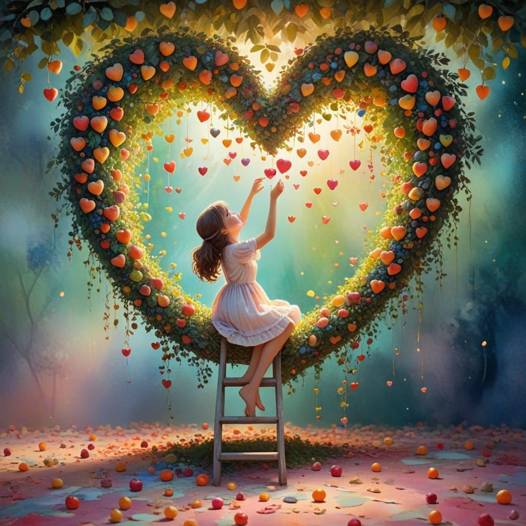 Whimsical Heart-Shaped Fruit Scene in Art Nouveau Style