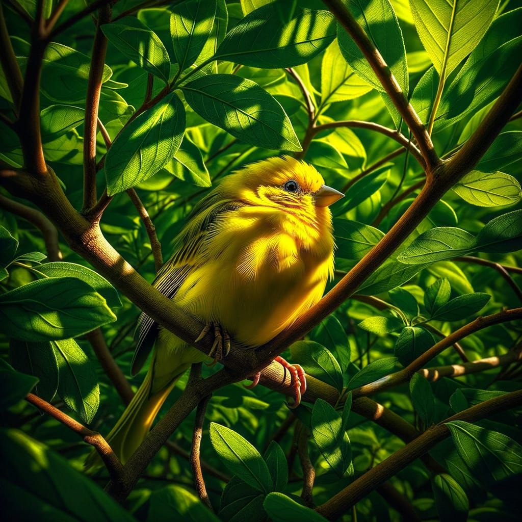 Vibrant Canary Camouflaged in Green Foliage
