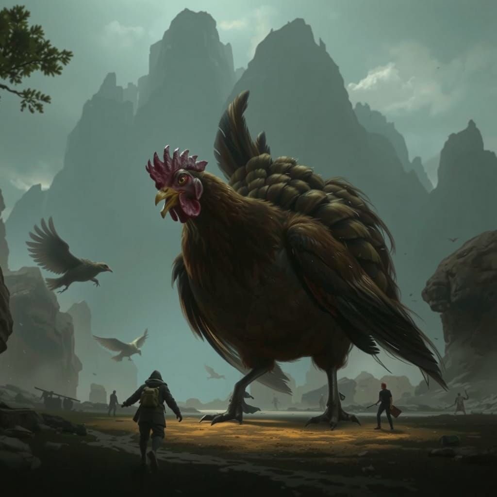 Giant Chicken Encounter: Dark Fantasy Concept Art