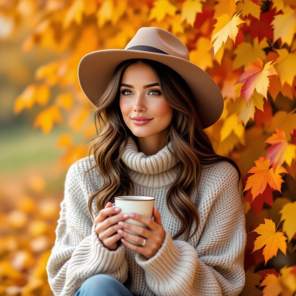 Cozy Autumn Portrait of Woman in Knitted Sweater and Hat