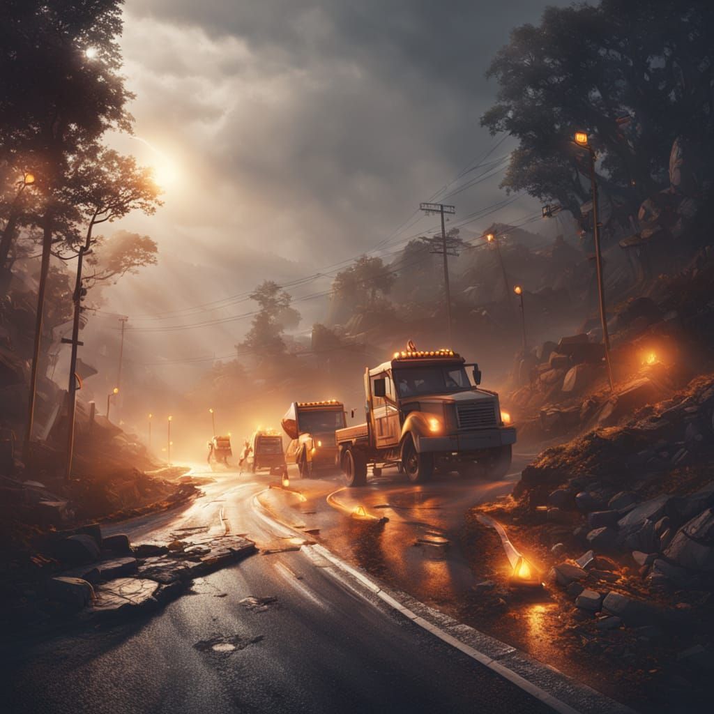 Fantasy Road Workers on Slippery Curve: Detailed Matte Paint...