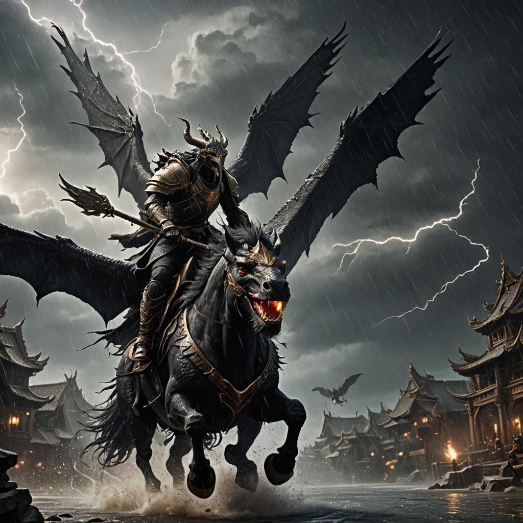 Dragonborn on Hippogriff in a Thunderstorm