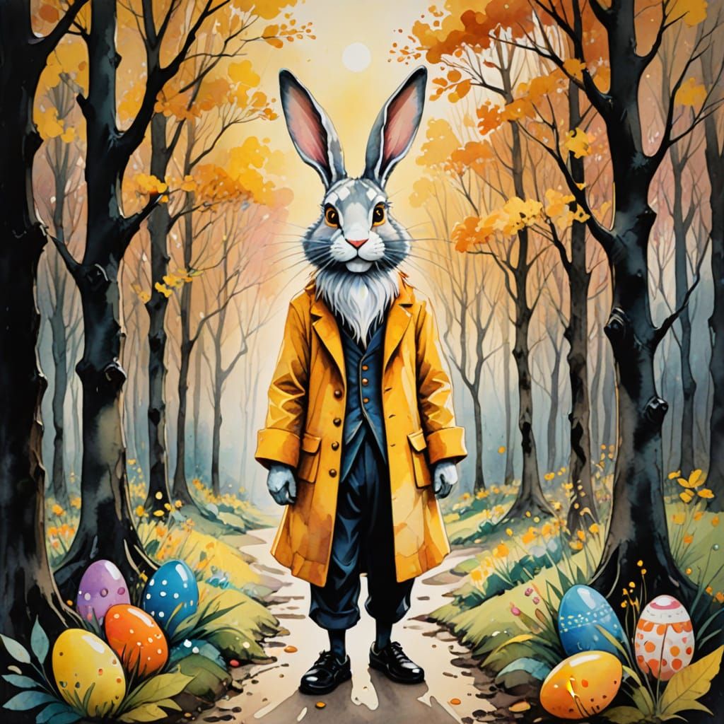 Albus Dumbledore, Easter Bunny, golden fur, long neck, long ears, wearing a clown suit, black shoes, watercolor painting...