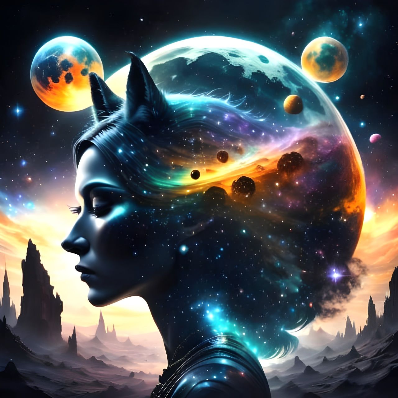 Cosmic Goddess Merging with Nebulae in Holographic Art