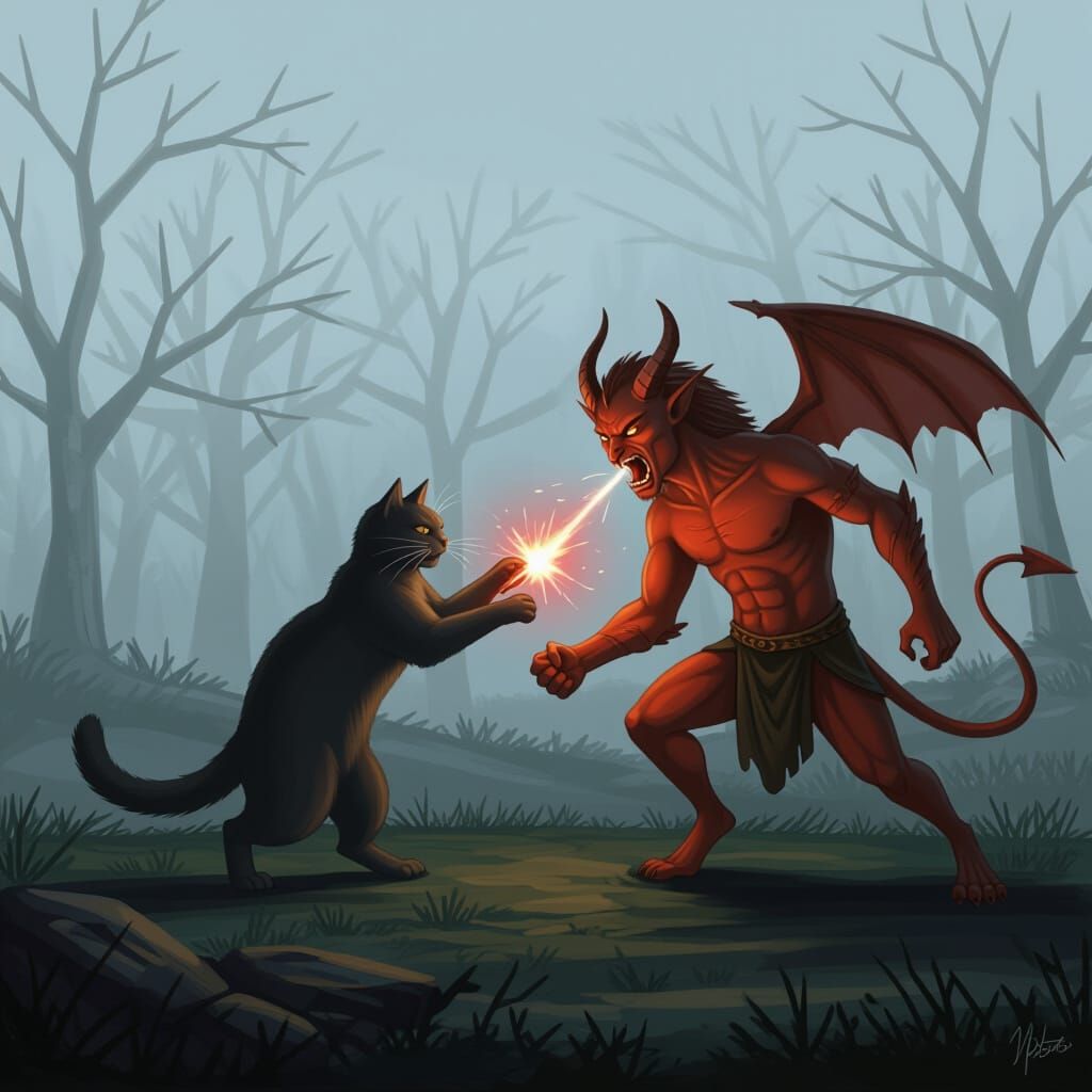 Moor Cat Battling a Demon on Misty Morning