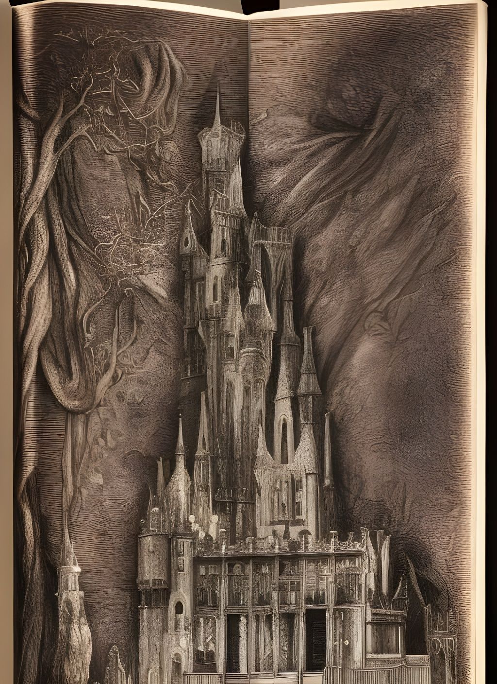 Fairytale Castle Emerges from Book, Copper Engraving