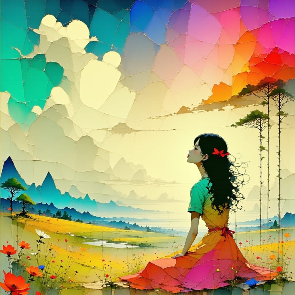 Dreamy Meadow Goddess in Pastel Hues and Kaleidoscopic Skies