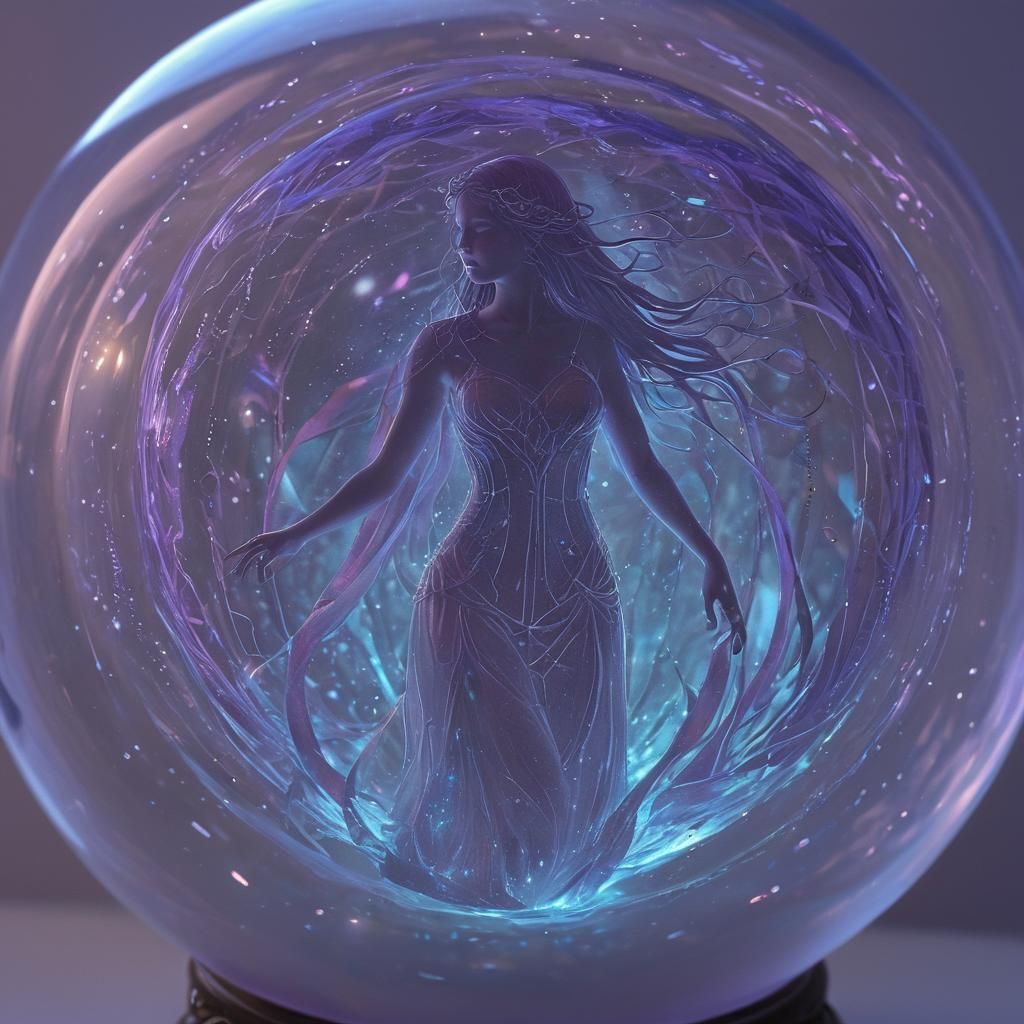 Arcane Maiden Encased in Iridescent Glass Sphere