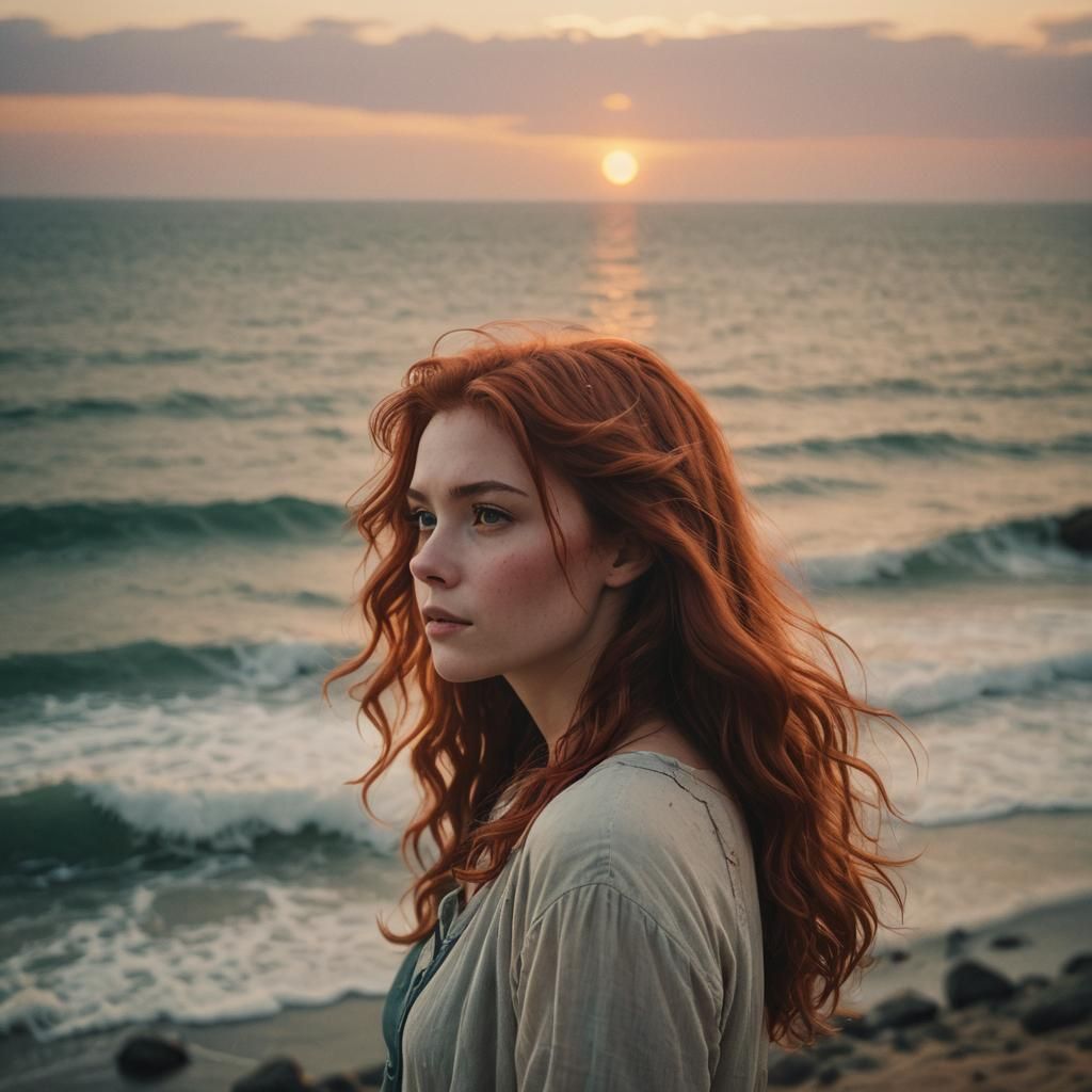 Ariel Gazing at Twilight Ocean, Cinematic Film Still