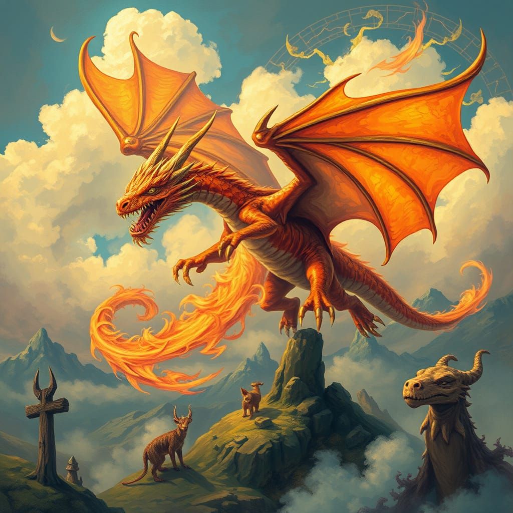 Abstract Bark Dragon Flying in Surreal Landscape