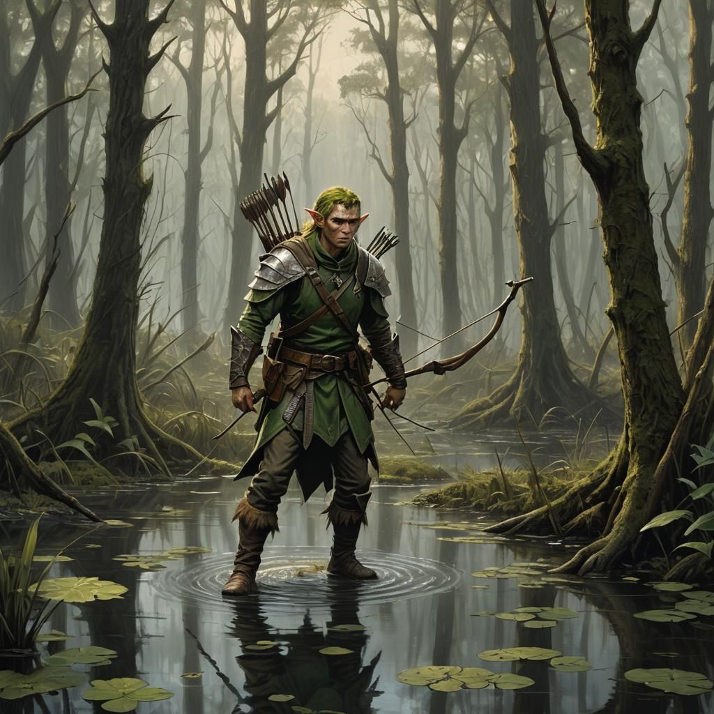 Elf Ranger in Sinister Swamp, Dark Fantasy Art