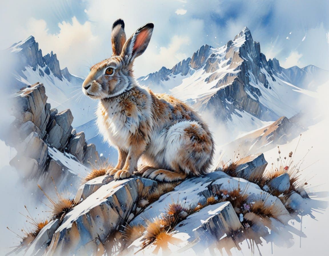 Mountain Hare on Rocky Outcrop in Watercolour Style