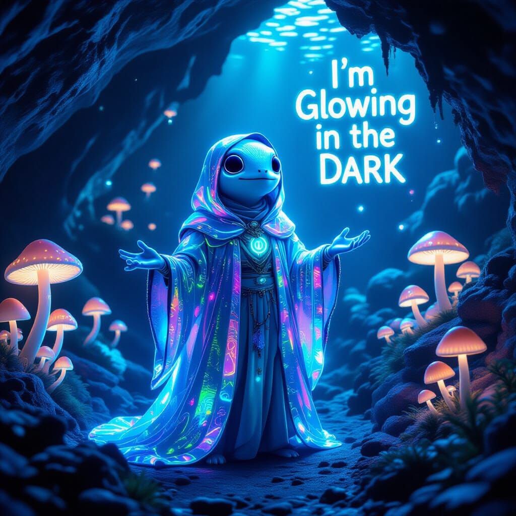 Bioluminescent Creature in Neon Cave, Ethereal Glow