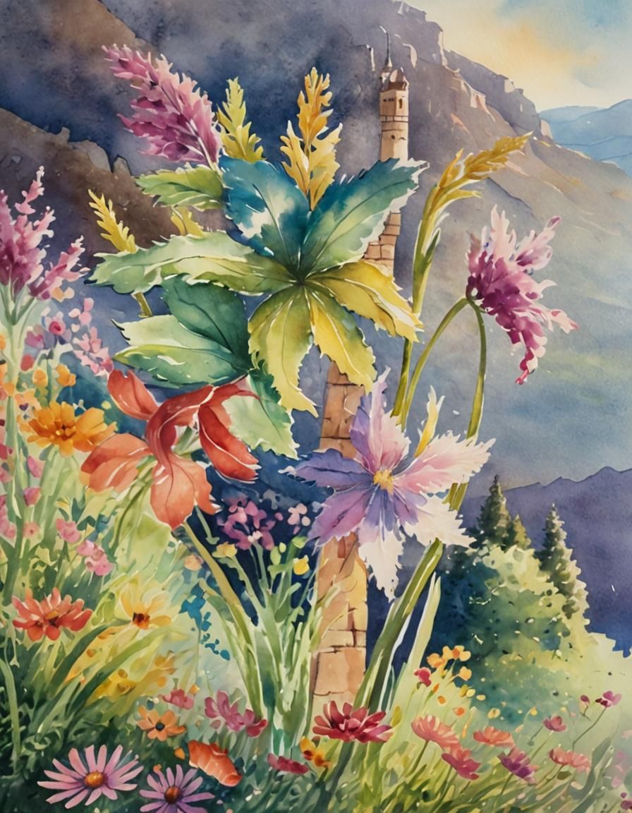 Watercolor Landscape with Flowers and Castle