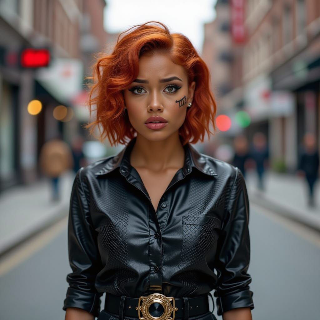 Young Black Woman with Orange Hair in Fearful Street Portrai...