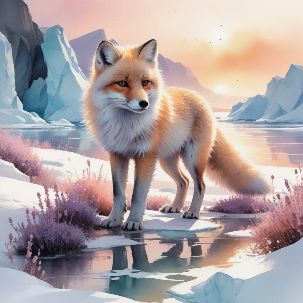 Arctic Fox in Pastel Winter Landscape