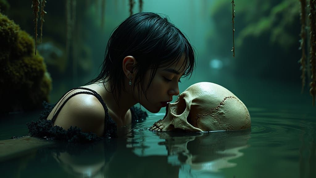 Mystical Woman with Skull in Dark Aquatic Scene