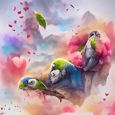 Romantic Lovebirds in Watercolor Landscape