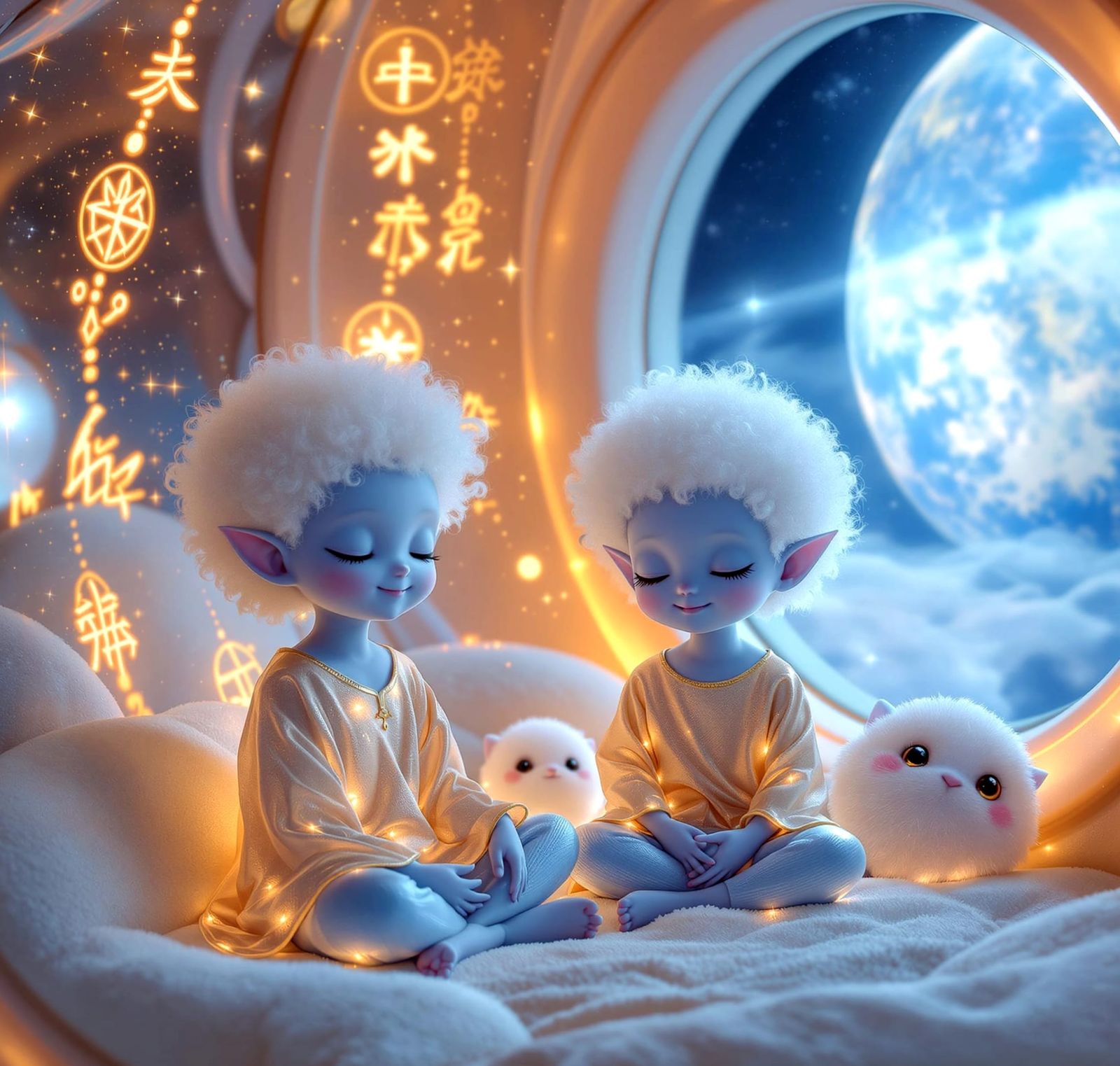 Adorable Alien Children Meditating in Glowing Spaceship