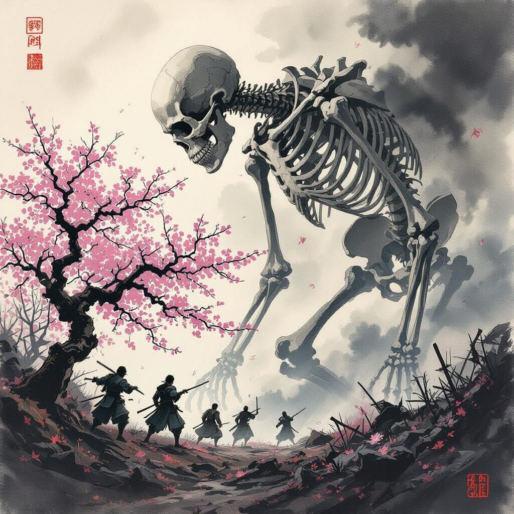 Giant Skeleton Overlooking Samurai Battle Aftermath in Penci...