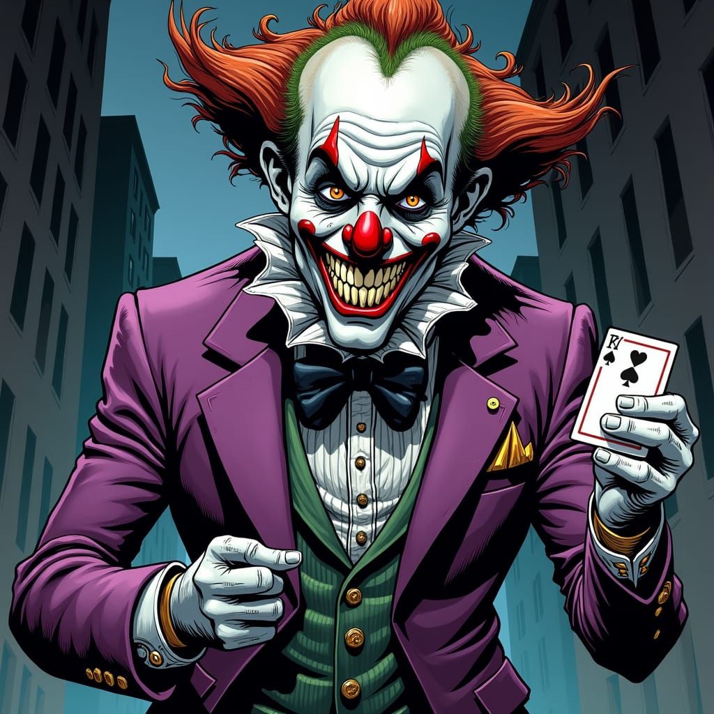 Menacing Clown in Gritty Metropolis, Comic Book Style