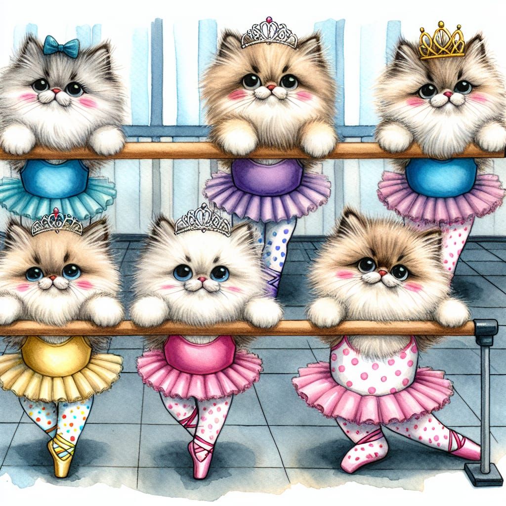 Whimsical Feline Ballet Class in Watercolor Style