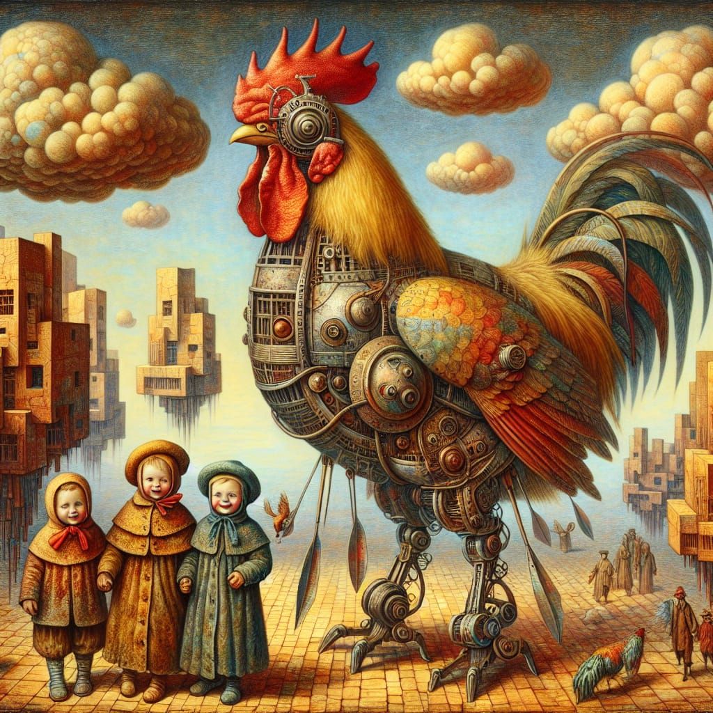 Surreal Steampunk Dreamscape with Childlike Figures