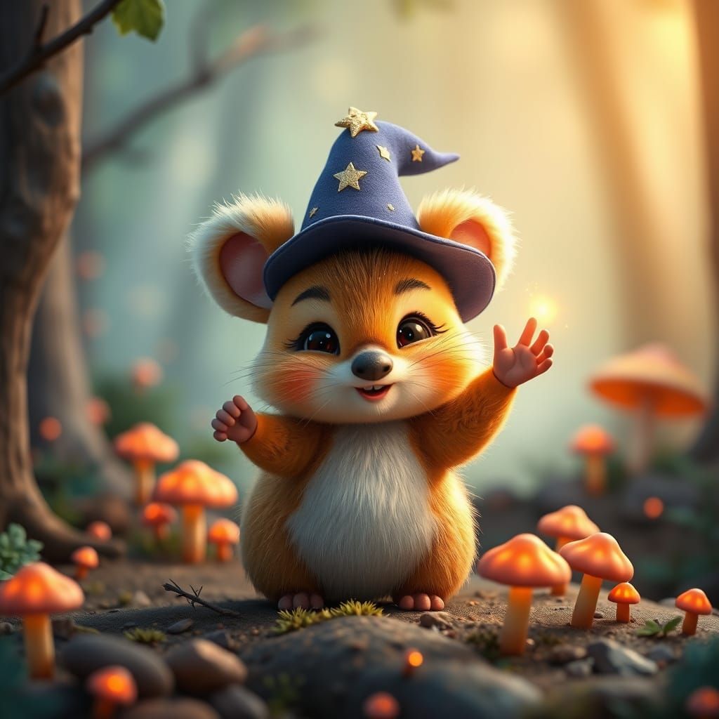 Cute Quokka Wizard in Glowing Forest, Pixar-Style