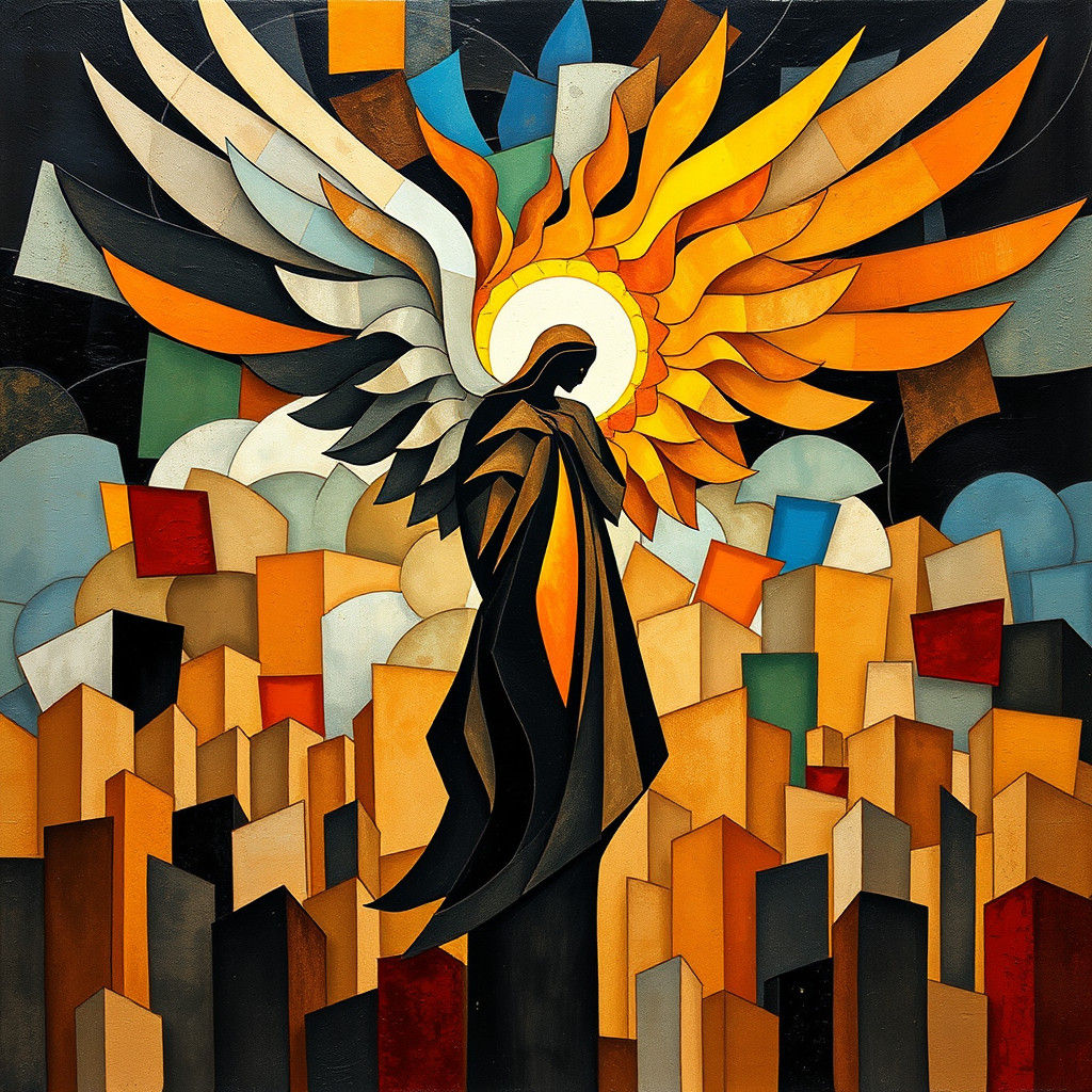 Fiery Angel Over City: Abstract Expressionist Impasto