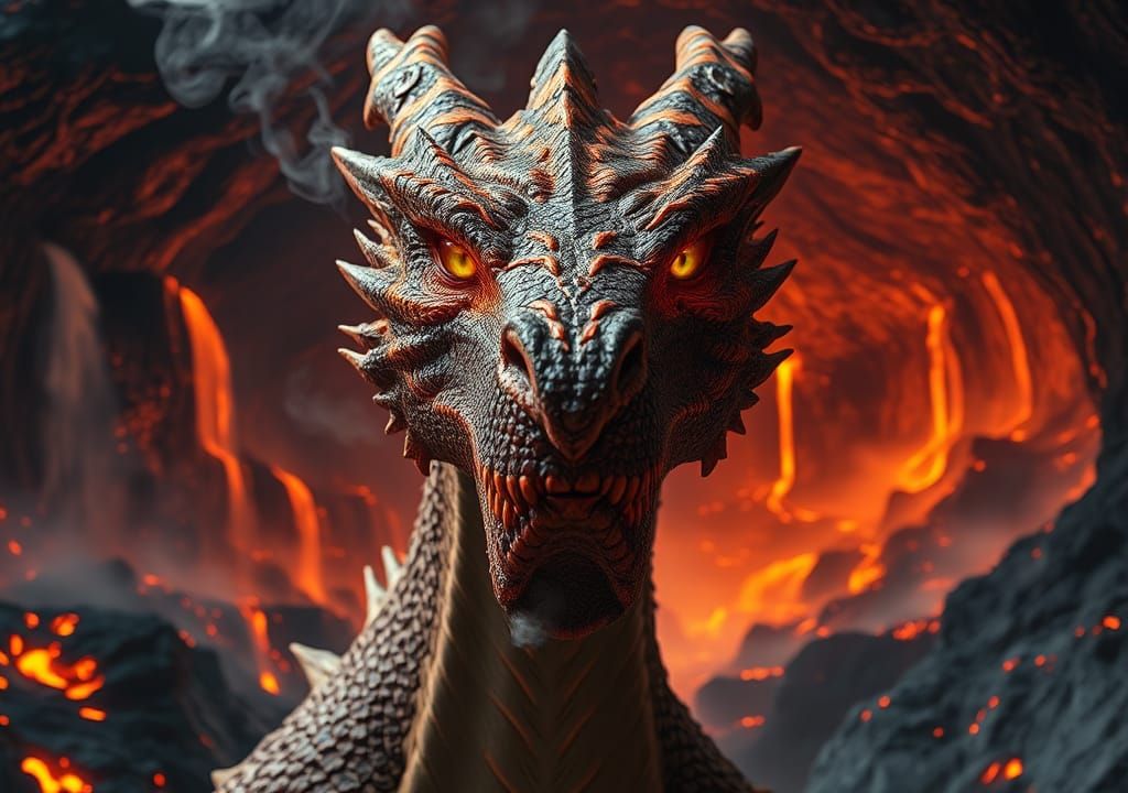 Magma Dragon Portrait Emerging from Volcanic Cave