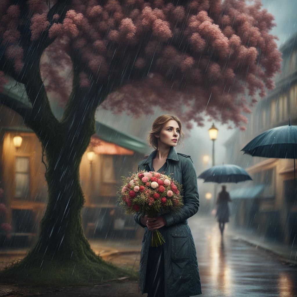 Rainy Day: Woman with Flowers in Town