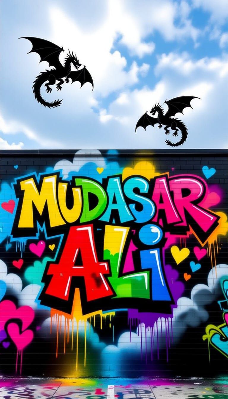 Colorful Graffiti Name on Black Brick Wall with Dragons