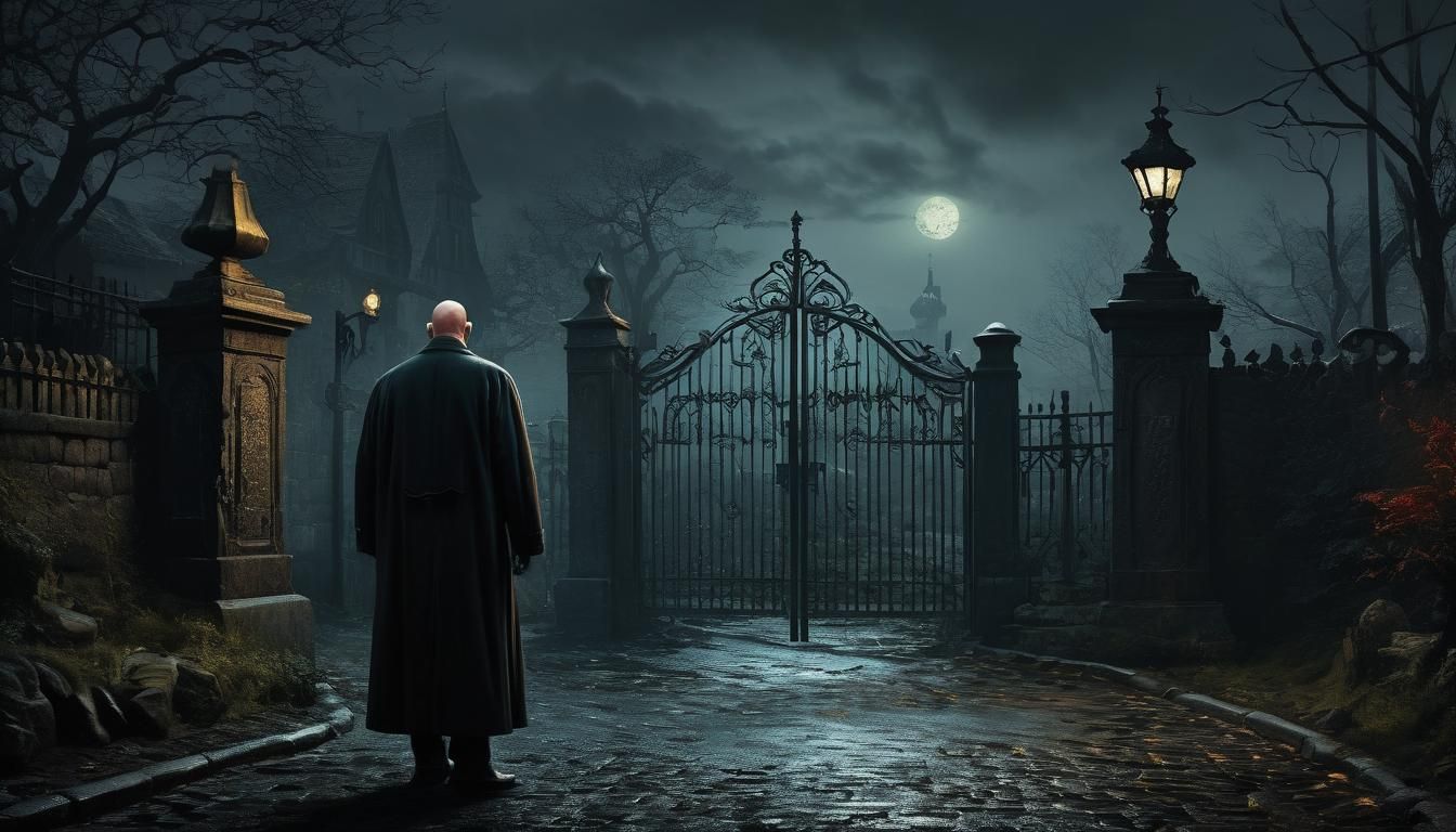 Bald Man at Gate to Colorful Valley in Noir Style
