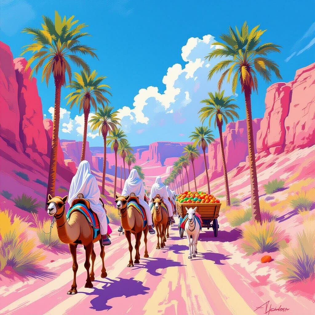 Women Camel Riders Journey Through Pink Canyon, Impressionis...