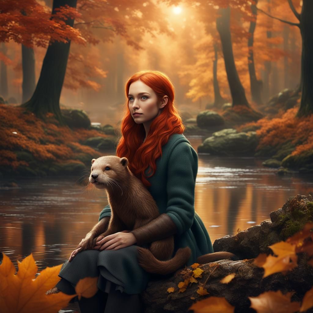 Redhead Woman with Otter in Autumn Forest