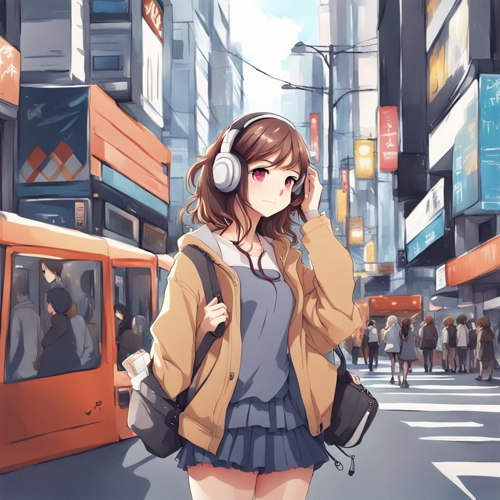 Teenage Girl Listening to Music in Anime Style
