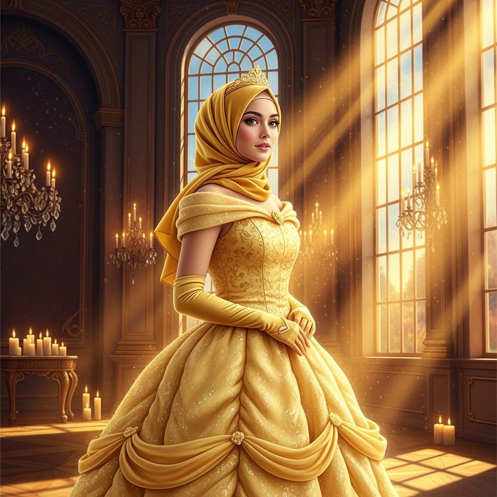 Muslim Woman in Golden Ball Gown in Candlelit Ballroom