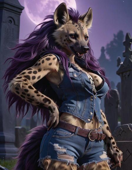 Hyperrealistic Furry She-Hyena in Distressed Denim Vest