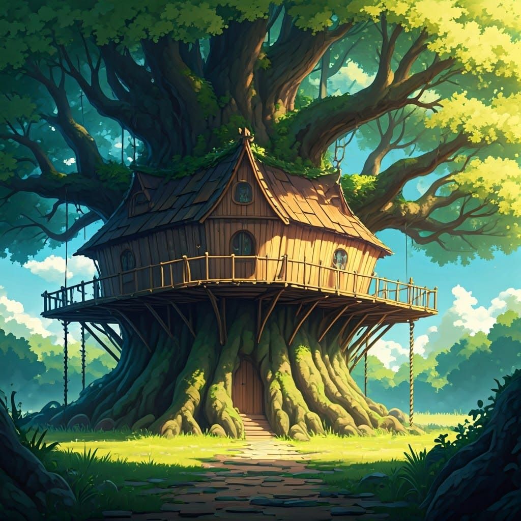 Whimsical Anime-Style Treehouse in a Majestic Tree