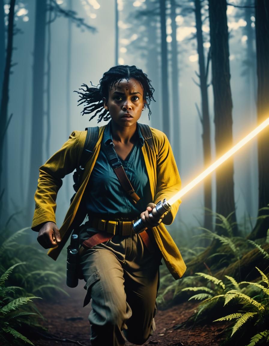Osha in Misty Forest with Lightsaber: Cinematic Still