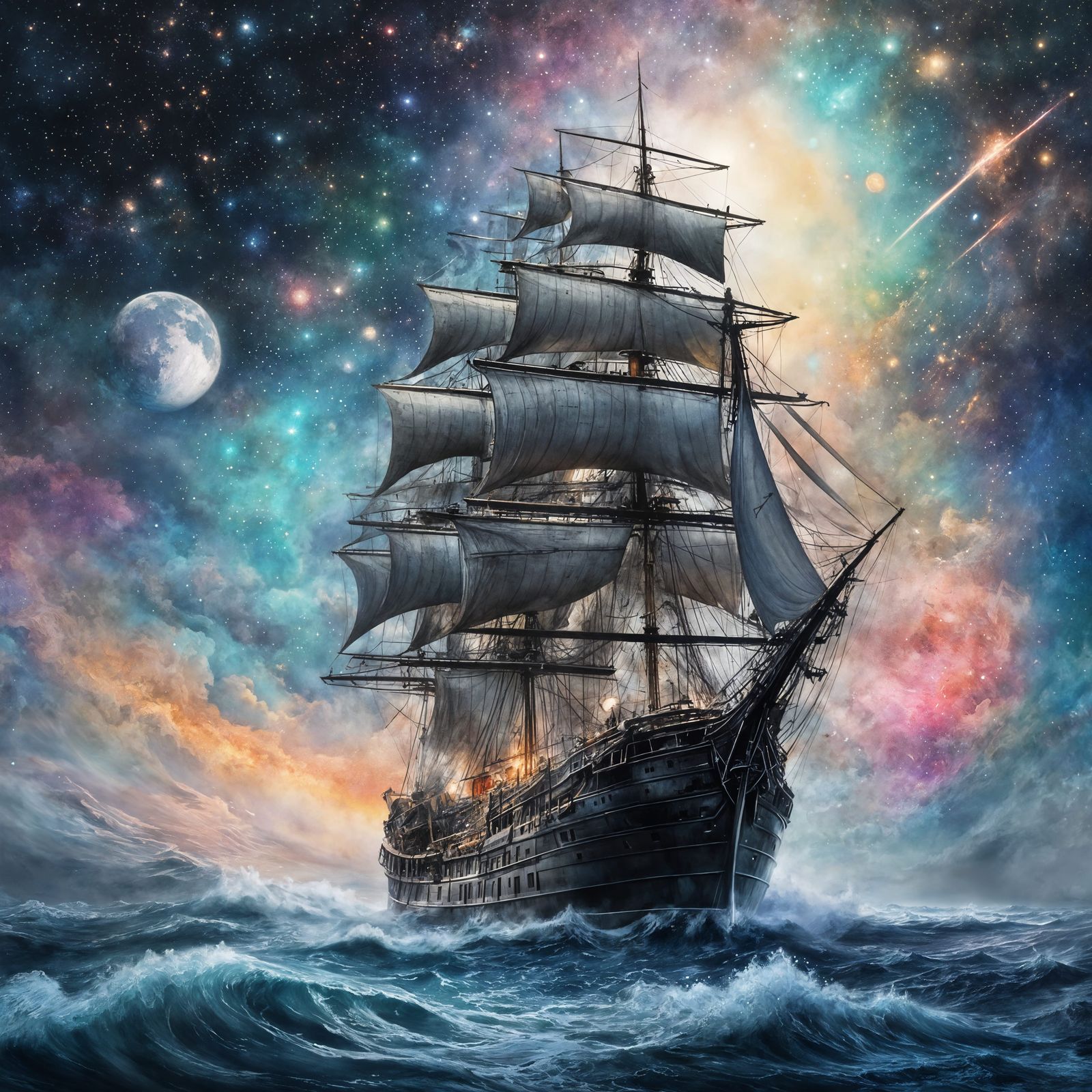 Intergalactic Sailing Ship in Starry Ocean: Watercolor Art